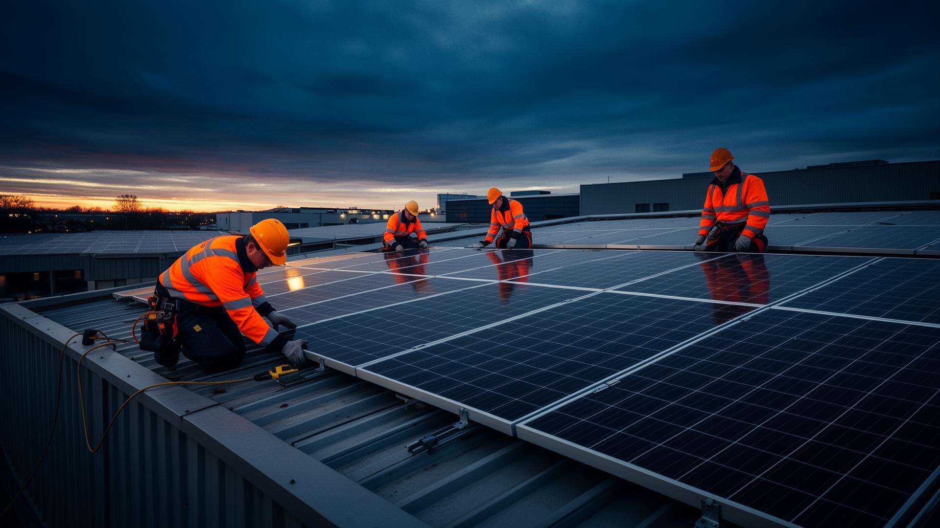 Spaanse monteurs installeren zonnepanelen op een commercieel dak